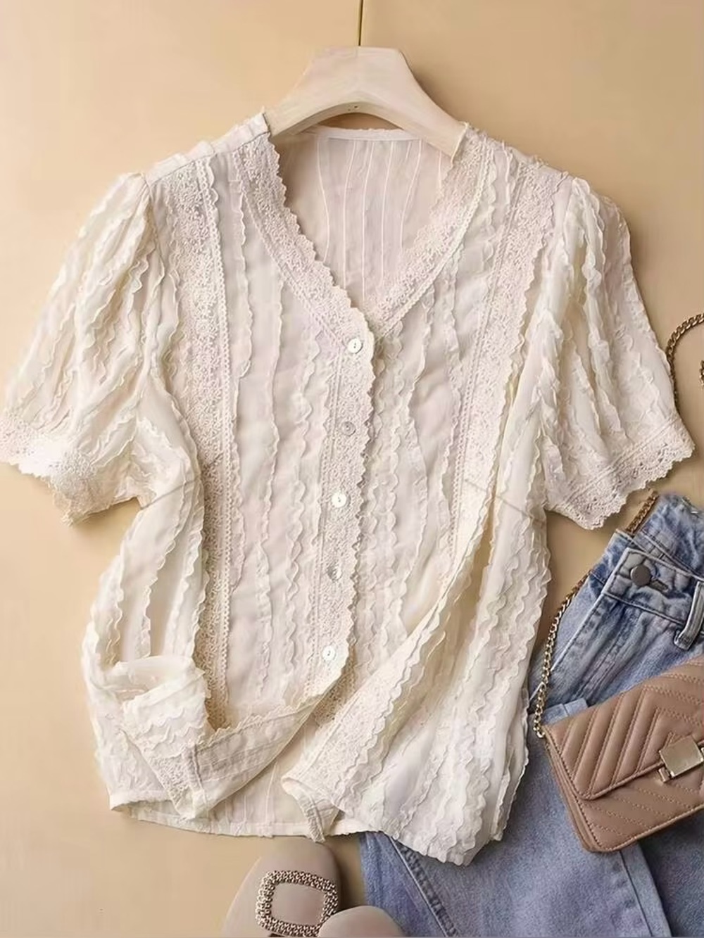 Shein Lace Trim Ruffle Blouse Sheer Button Down Cream XL